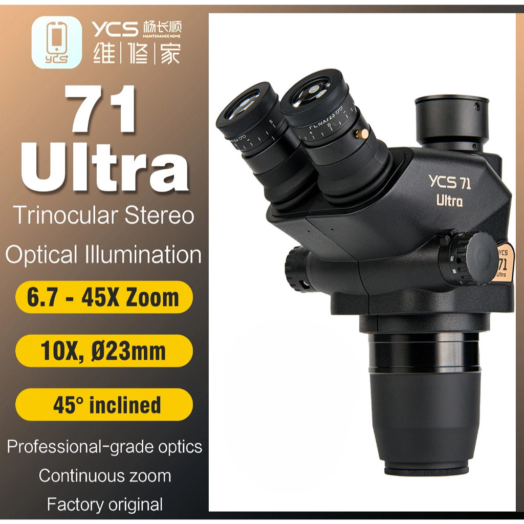 YCS 71 Ultra 6.7X-45X Trinocular Macroscopic Co-visual Stereo Microscope Head