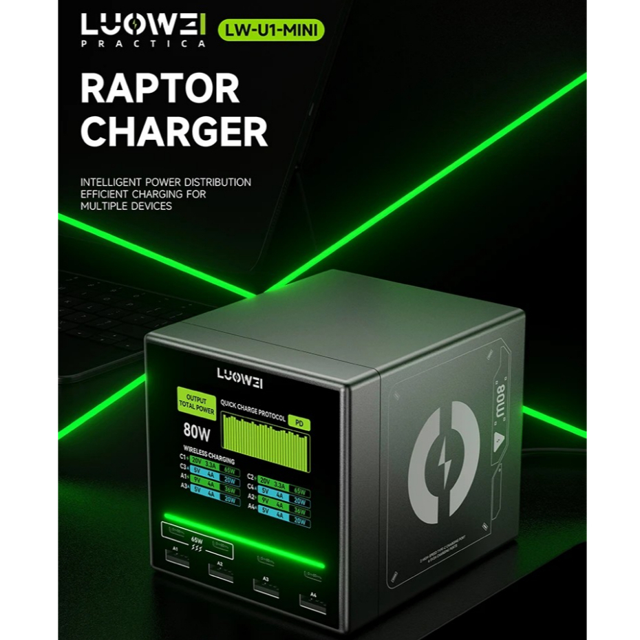 LUOWEI U1 Mini 80W Raptor 8-Ports USB & Type-C Color Screen Charger Station (No Wireless Charging)