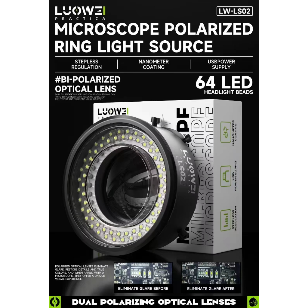 LUOWEI LW-LS02 64 LED Beads Caliber 61mm Microscope Polarized Ring Light Source