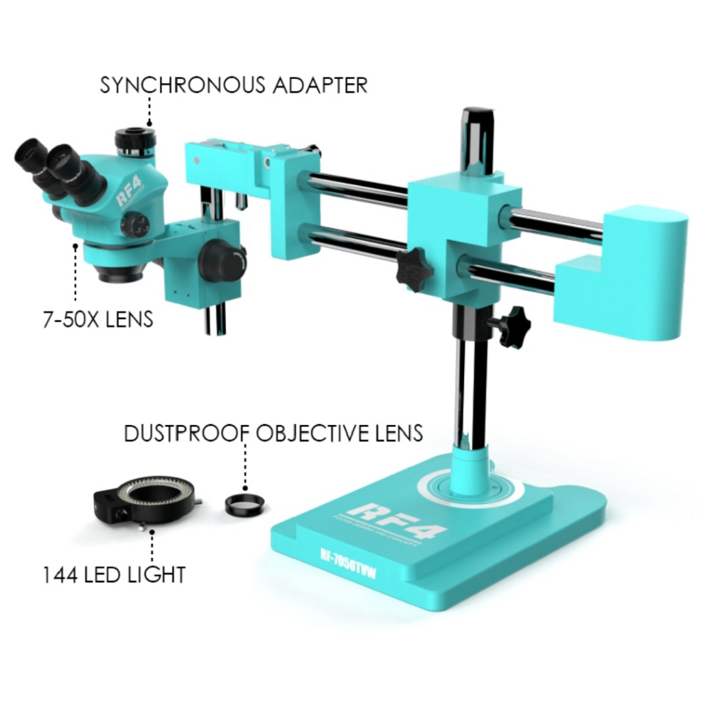 RF4 RF7050TVW Stereo Trinocular Microscope 7-50X Zooming Double Arm Boom Stand - Image 4