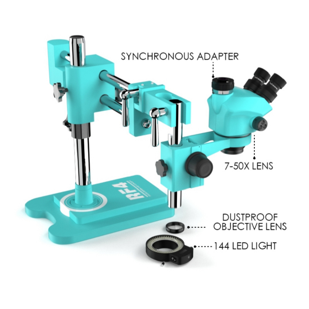 RF4 RF7050TVW Stereo Trinocular Microscope 7-50X Zooming Double Arm Boom Stand - Image 5