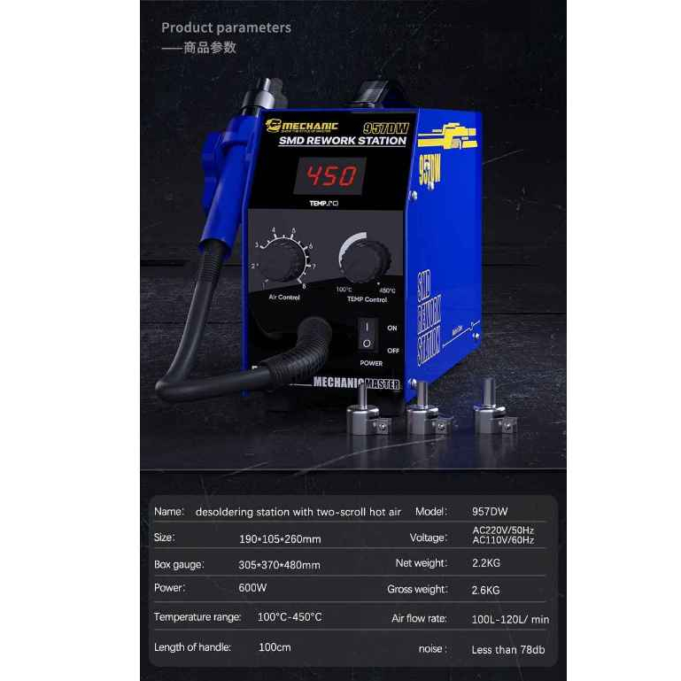 MECHANIC 957DW Two-Vortexes Hot Air Gun SMD Desoldering Rework Station for Mobile Phone Repair - Image 9