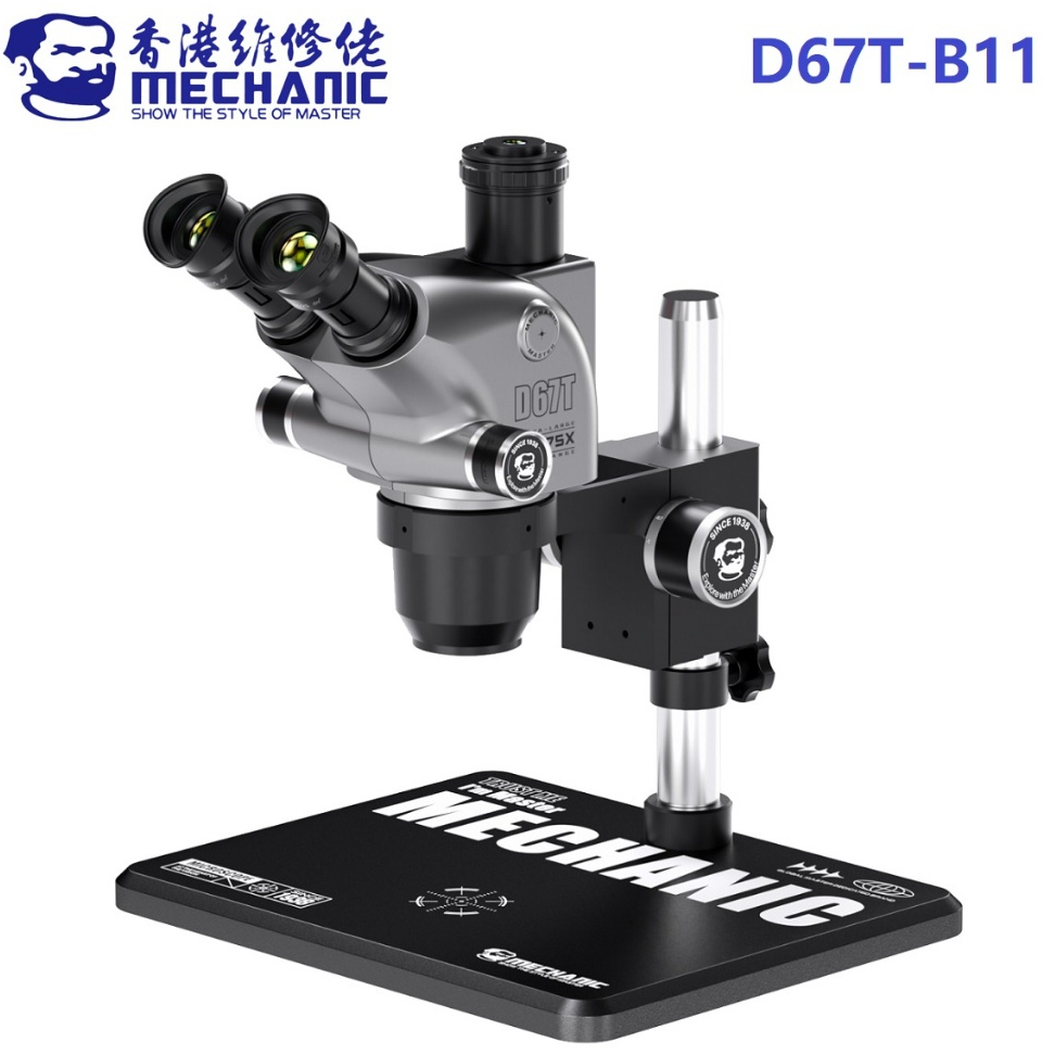 MECHANIC D67T-B11 6.5-75X Trinocular Stereo Microscope with Big Base for PCB Repair