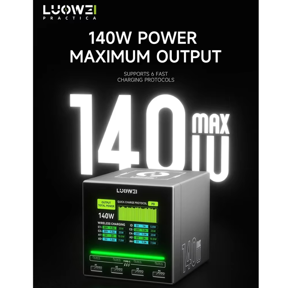 LUOWEI LW-U1 140W Raptor 8-Ports USB & Type-C Charger Station with Wireless Charging - Image 3