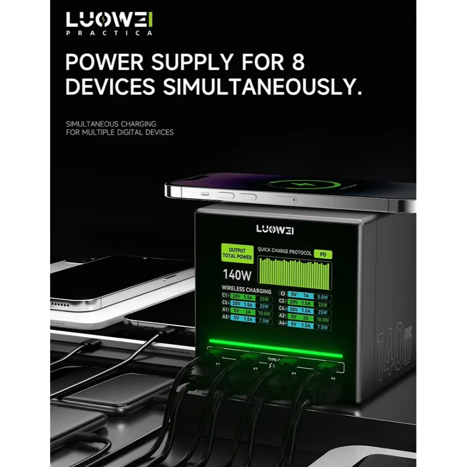 LUOWEI LW-U1 140W Raptor 8-Ports USB & Type-C Charger Station with Wireless Charging - Image 7