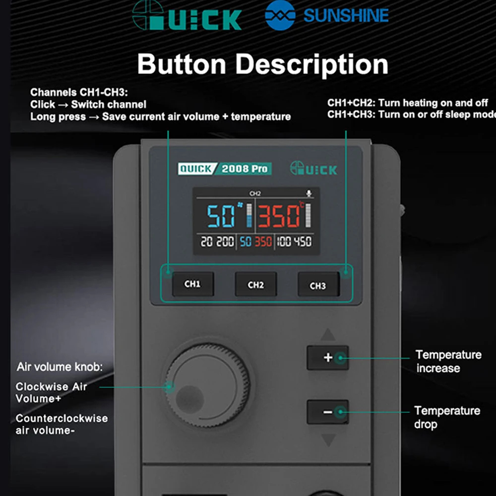 Quick 2008 Pro 750W Lead-free Intelligent Digital Display Hot Air Gun Desoldering Rework Station - Image 7