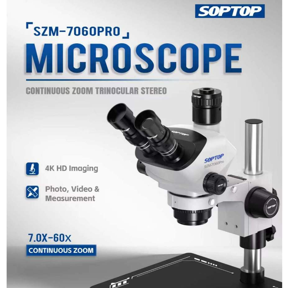 SOPTOP SZM-7060Pro 7-60X 4K HD Continuous Zoom Trinocular Stereo Microscope with Big Base