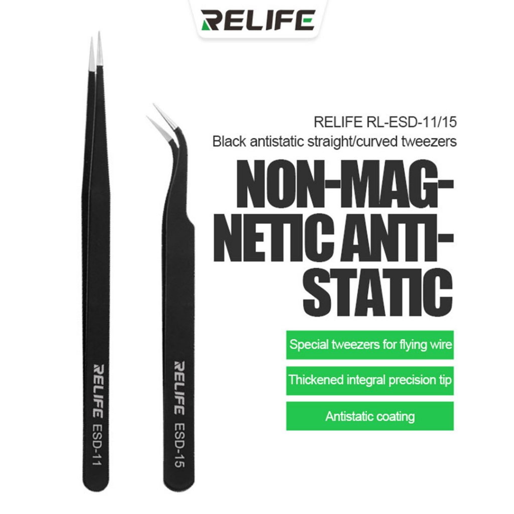 RELIFE RL-ESD Series Black Antistatic Non-magnetic Stainless Steel Precision Tweezers