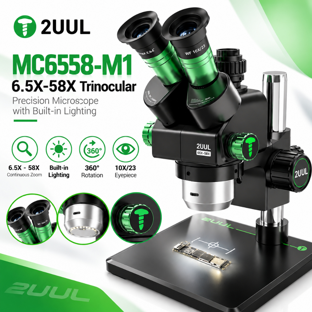 2UUL MC6558-M1 6.5X-58X Trinocular Precision Stereo Microscope with Built-in Lighting
