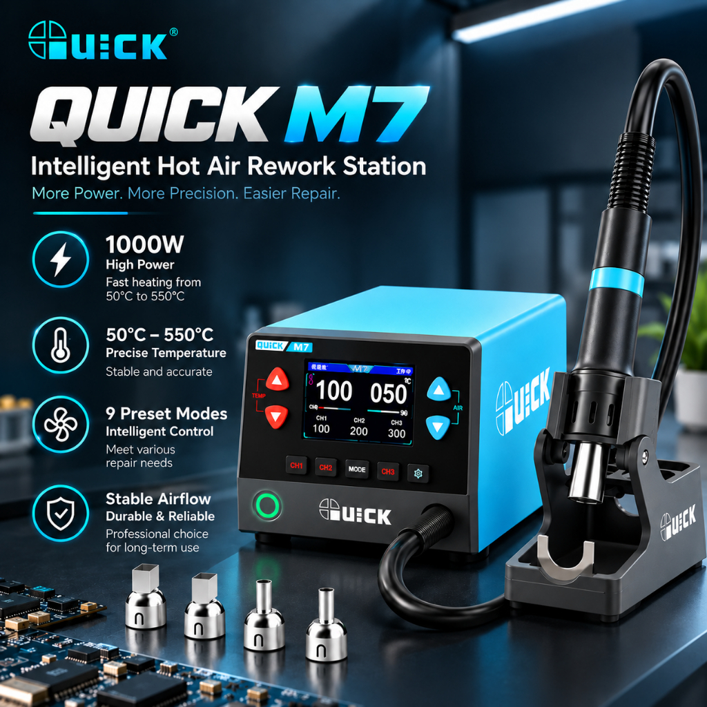 QUICK M7 1000W 9-Channel HD Digital Display Intelligent Hot Air Gun Desoldering Station