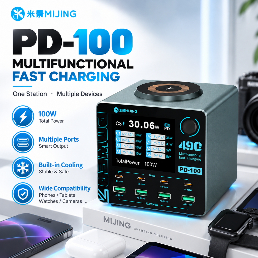 MIJING PD100 100W Multi-Port Smart Fast Charger Supports QC / PD Fast Charging & 15W Wireless Charging